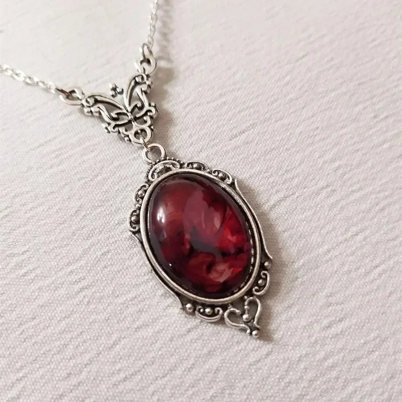 Gothic Blood Red Quartz Charm Necklace Butterfly Necklace For Women Vampire Embossed Witch Jewelry Accessories Vintage Chokers