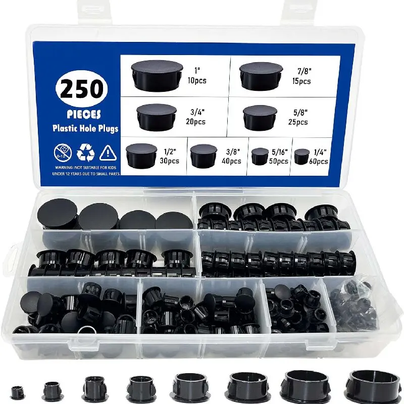 

8 Sizes Plastic Hole Plugs, Black Srew Hole Plugs Plastic Cabinet Hole Plugs Assorted for Kitchen Cabinet Furniture, 3/16", M25