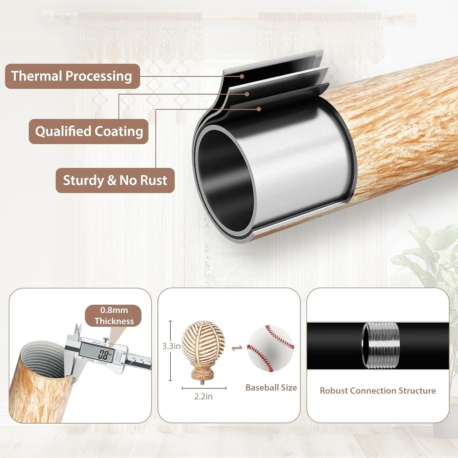 Wood Curtain Rods for Windows 32 to 168, 1 Inch Heavy Duty Drapery Rods with Imitation Wood Grain Leaf Pattern Finials, Indoor