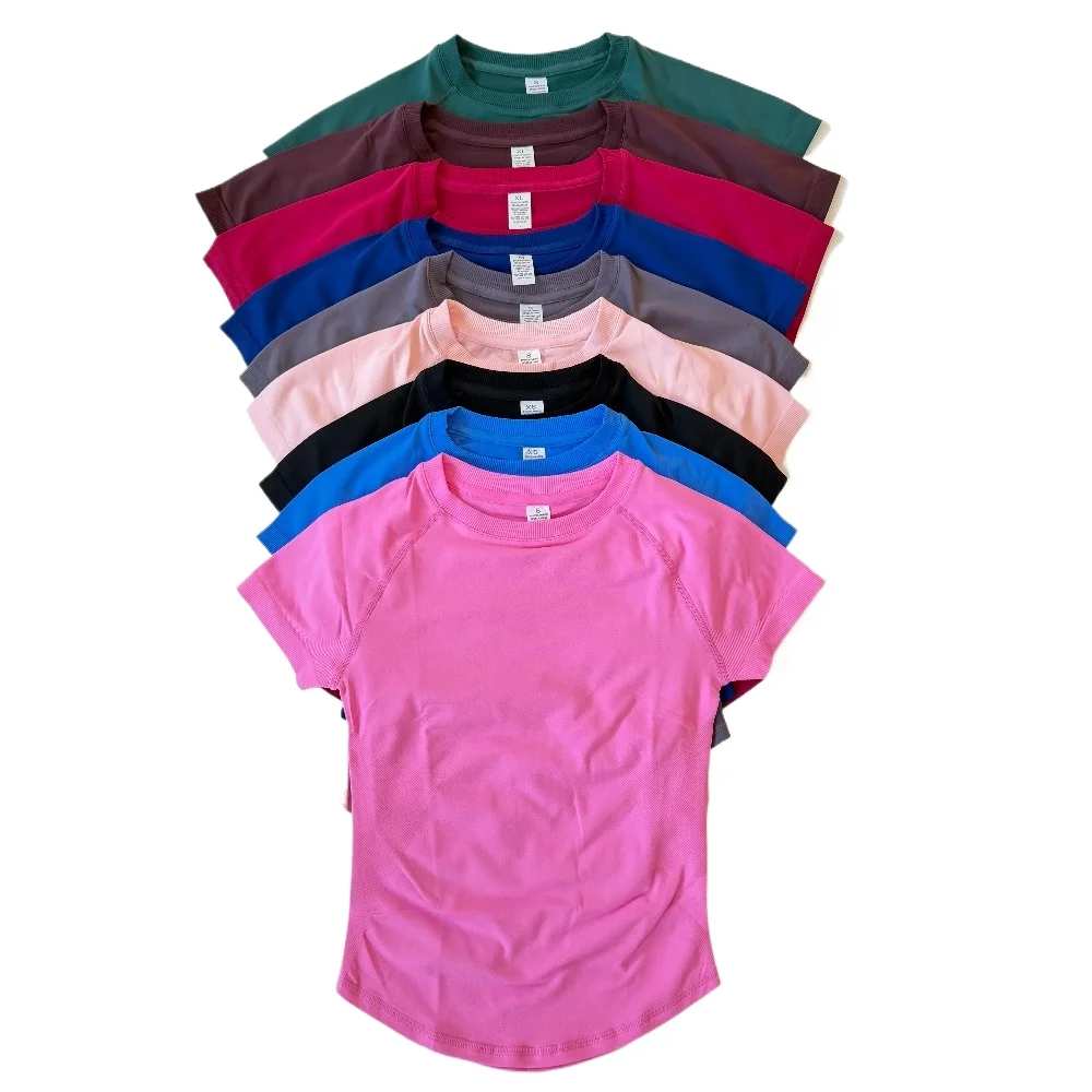 

Топ для йоги с короткими рукавами, бесшовная спортивная рубашка с круглым вырезом для женщин, эластичные облегающие спортивные футболки для бега, одежда для тренировок