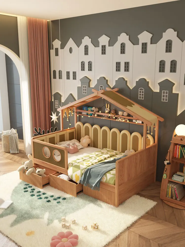 Island half height bed, tree house bed, tent, solid wood children's bed, guardrail, princess bed