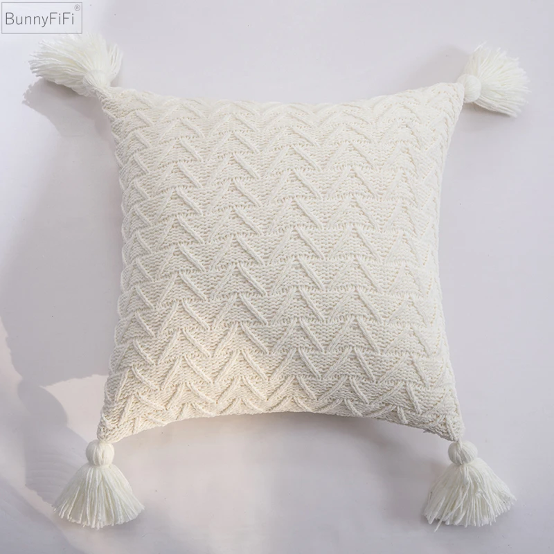 Cuhion Soft Knit Cover 45x45cm Solid Pillow Cove Pink Grey Cream Tassels Home decoration Pillow Case Square For sofa Bed