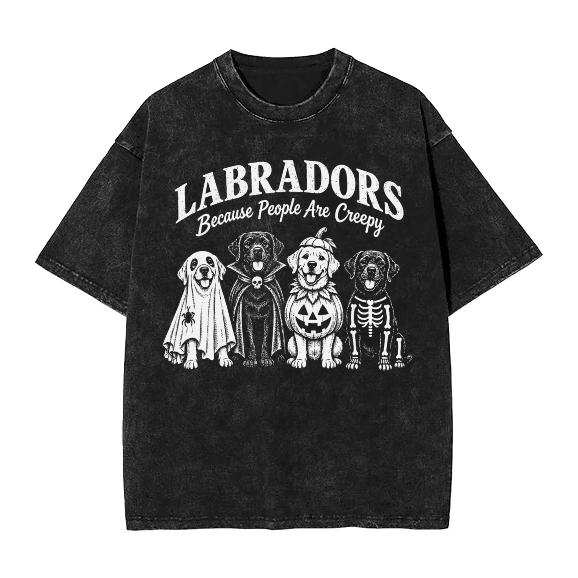 Labradors Because People are Creepy Halloween Dogs Costume Washed T Shirt Mens  Y2K Funny Cotton T-Shirts Summer Crewneck Tees