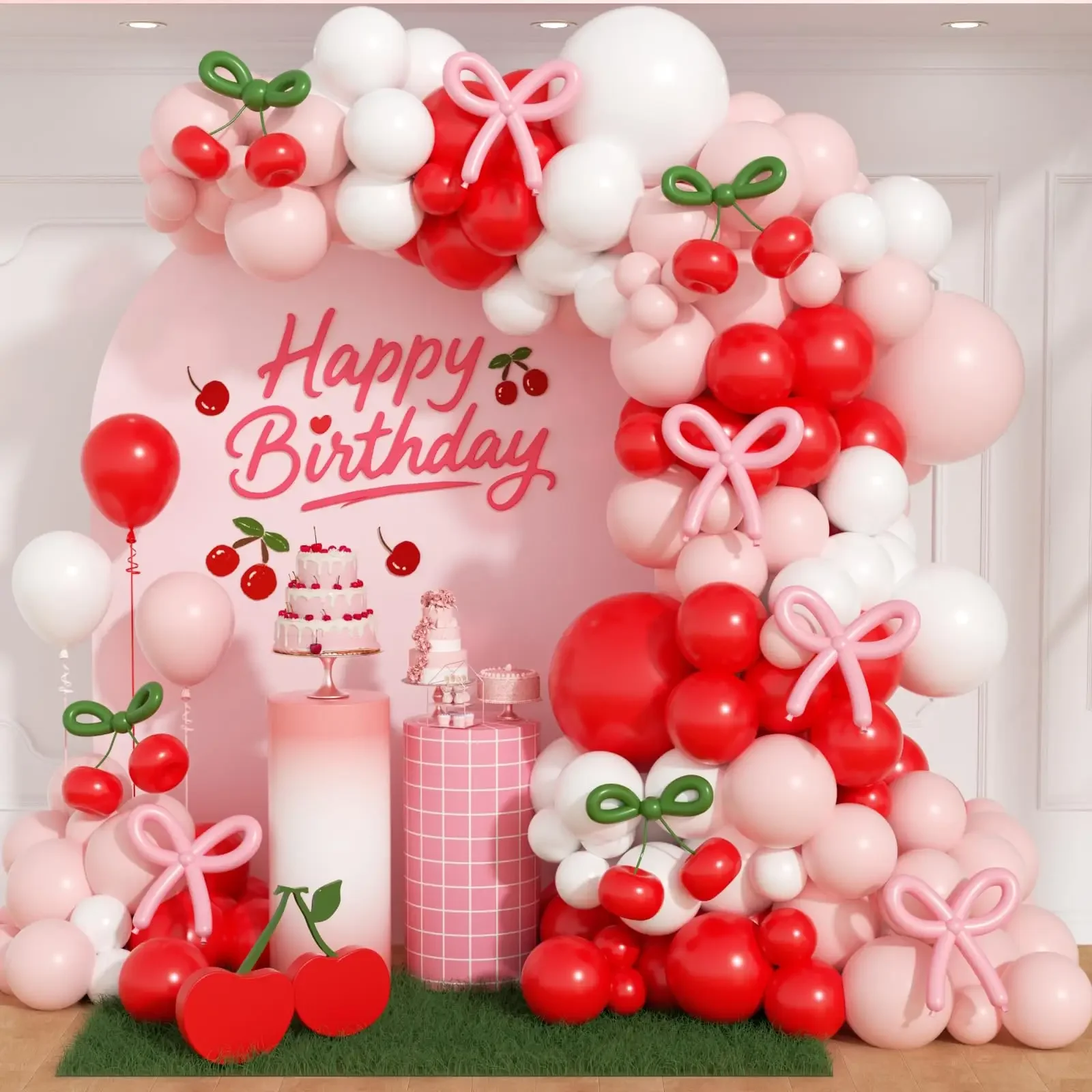 136-teiliges Kirschballonbogen-Set mit langen Luftballons in Weiß, Rot, Rosa, Grün für Kirsch-Babyparty-Geburtstagsparty-Dekorationen