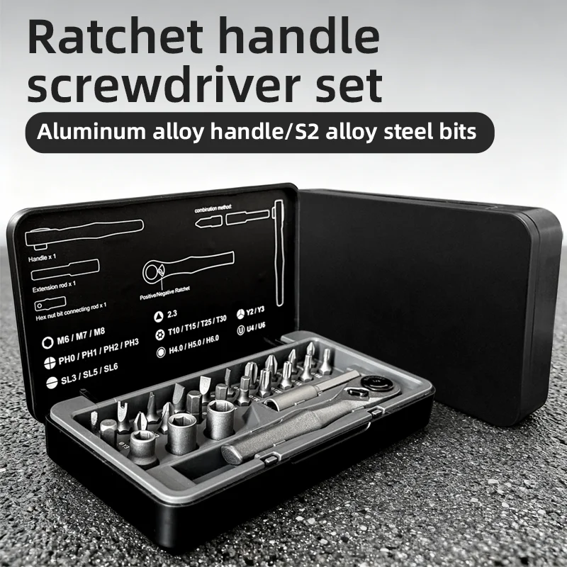 25 in 1 Manual Ratchet Screwdriver Set, Aluminum Alloy Handle, Chrome Vanadium Steel Screwdriver Bits, for Home and Work Use