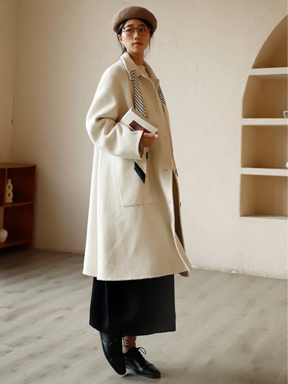 

Женское двустороннее шерстяное пальто с воротником, средней длины, осенне-зимняя верхняя одежда, прямой крой, длинный рукав, однотонное