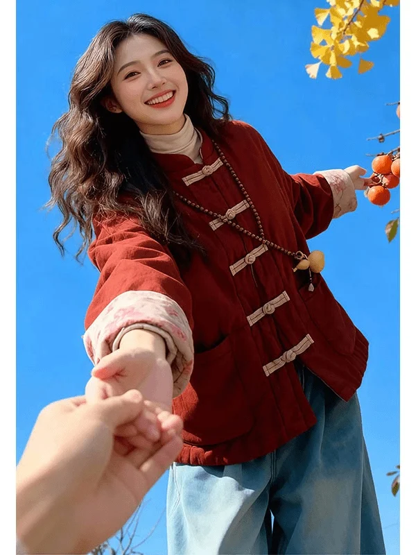 

New Chinese Style Double-Sided Wear Thickened Warmth Cotton Jacket with Button Print Design Autumn Winter New Arrival Women's...