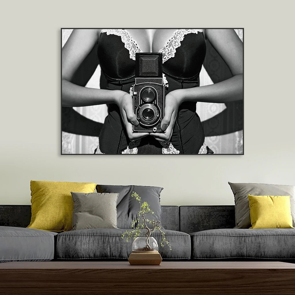 Fashion Lady with Camera Poster Black and White Wall Art Prints Sexy Feminine Canvas Painting Abstract Minimalist Bedroom Decor