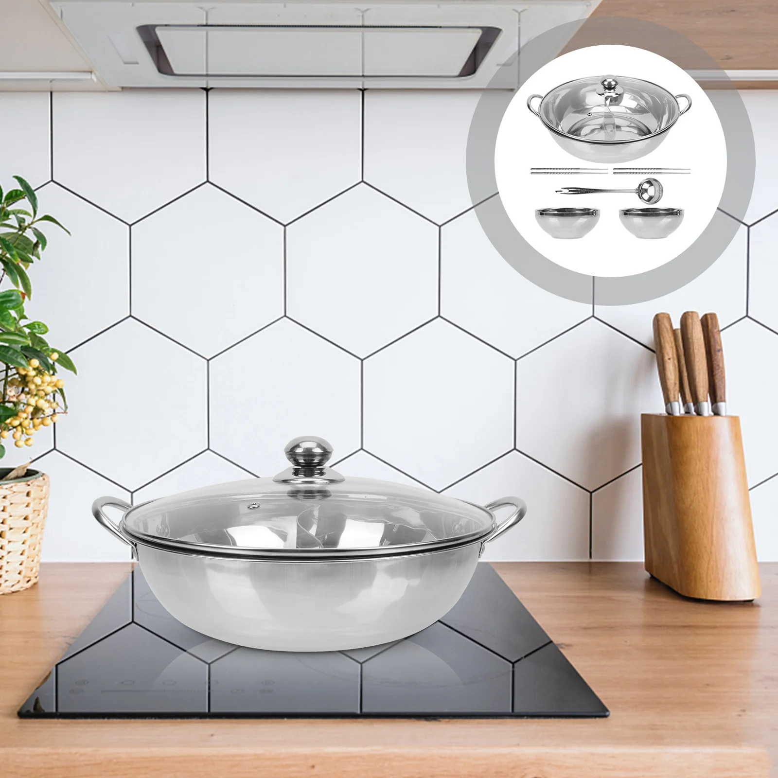 

1 комплект, горячая кастрюля премиум-класса из нержавеющей стали, двойная разделительная сковорода, стеклянная крышка, нескользящая ручка, мульти-плита, подходит для дома