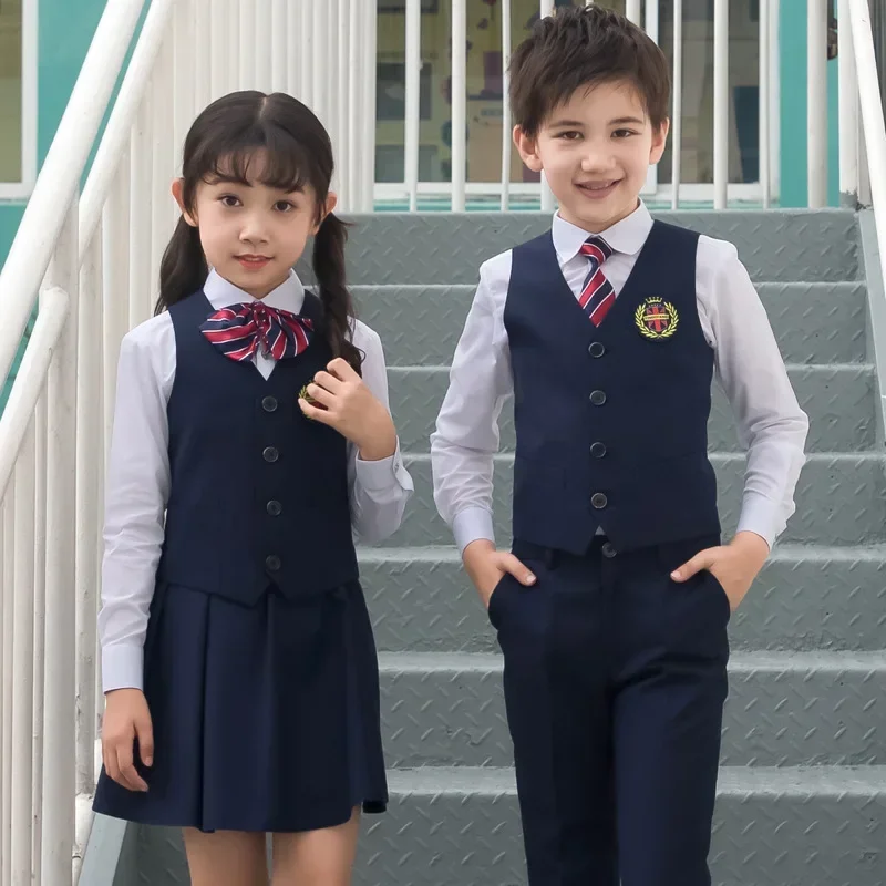 Kind Koreanische Japanische Schuluniform für Junge Mädchen Weißes Hemd Navy Rock Hosen Weste Weste Krawatte Kleidung Set Student Outfit Anzug