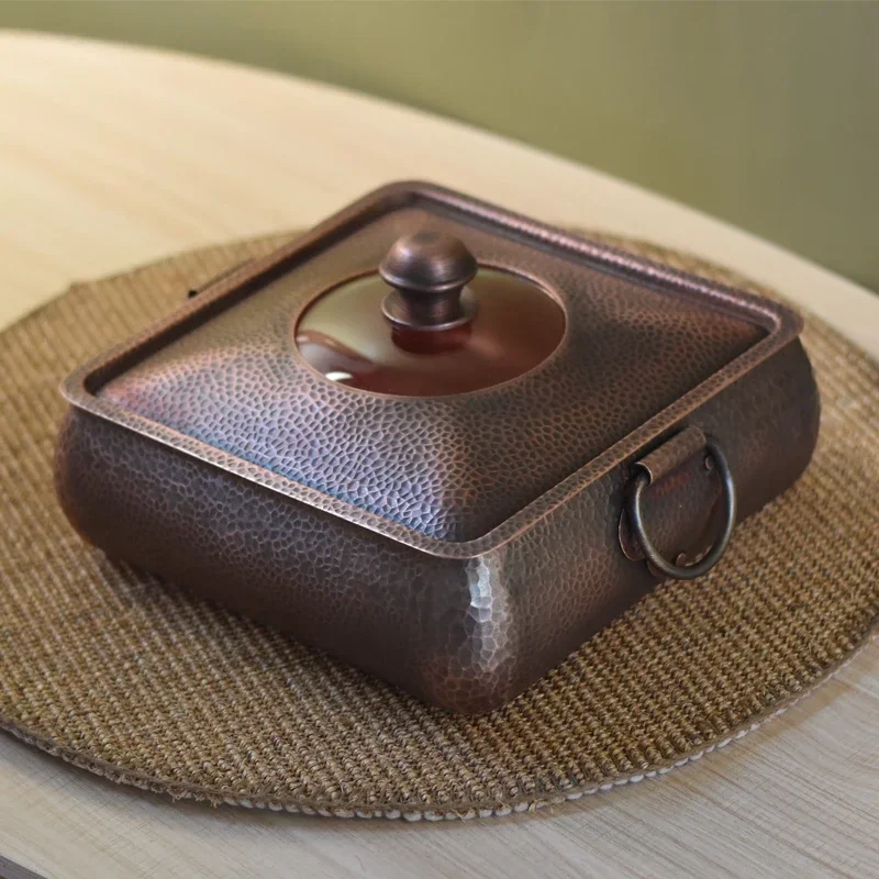 Handmade Antique Purple Copper Square Hot Pot Thick Induction Cooker Safety Anti-Hot Soup Pot Unique Handcrafted Kitchenware