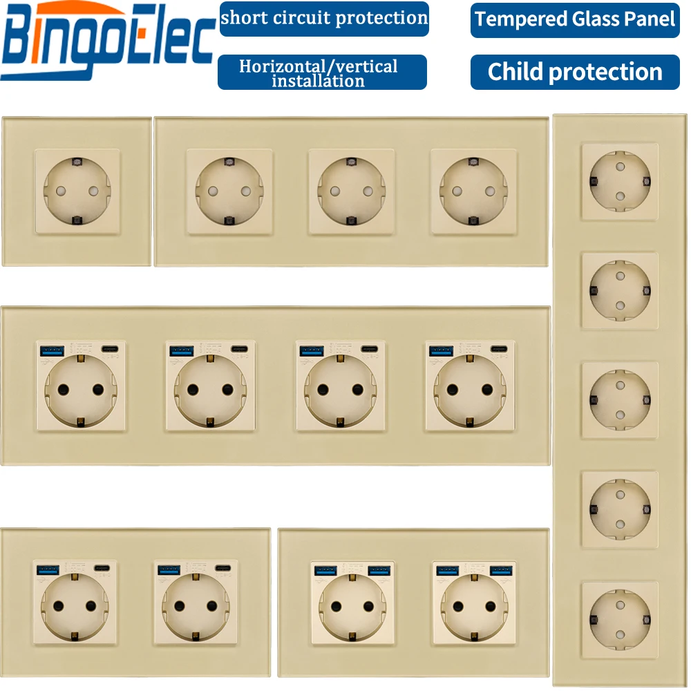 

Bingoelec Single Power Socket EU Standard Usb Wall Sockets Double Triple Wall Sockets Quadruple Gold Glass Sockets