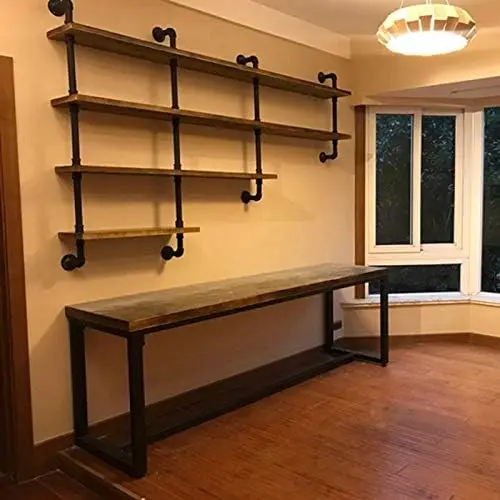 Prateleiras de tubos de 4 camadas de 63 polegadas, prateleiras flutuantes rústicas de madeira e metal, prateleiras de decoração para casa, montagem na parede com rack de vinho, preto