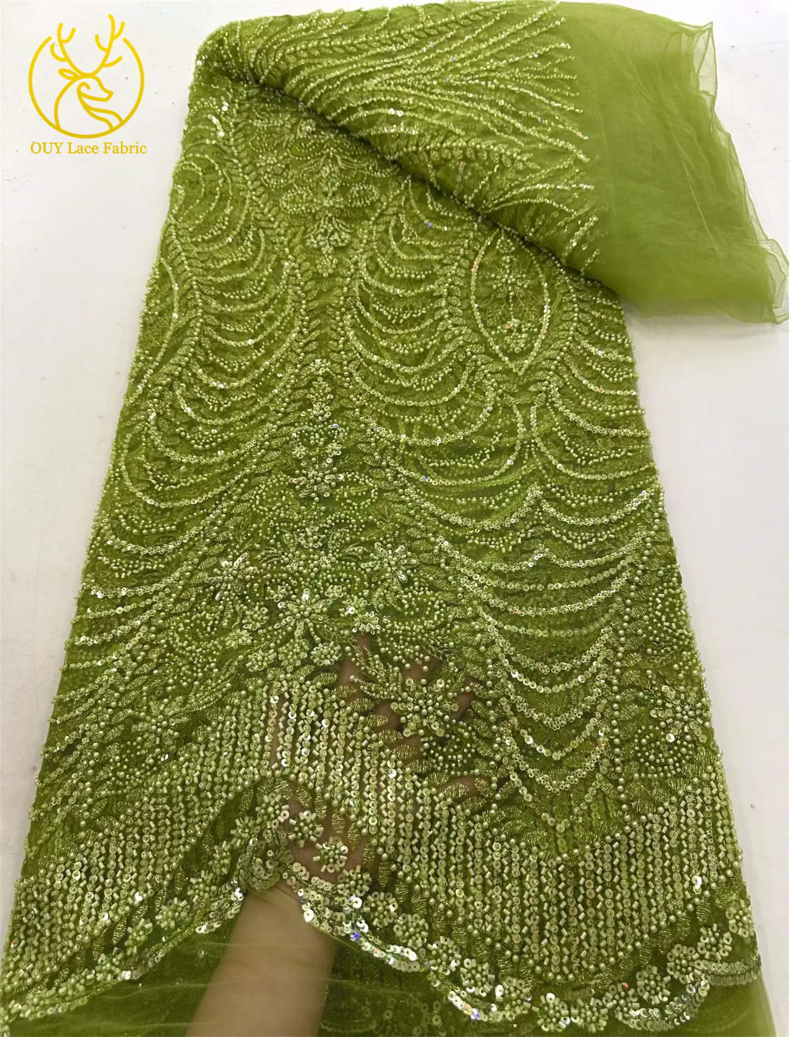 Luxuriöser goldener nigerianischer Mesh-Spitzenstoff mit Perlen und Pailletten, afrikanische französische Brautstickerei, Hochzeitsspitze für Damen, Partykleid, Nähen – Detail 7
