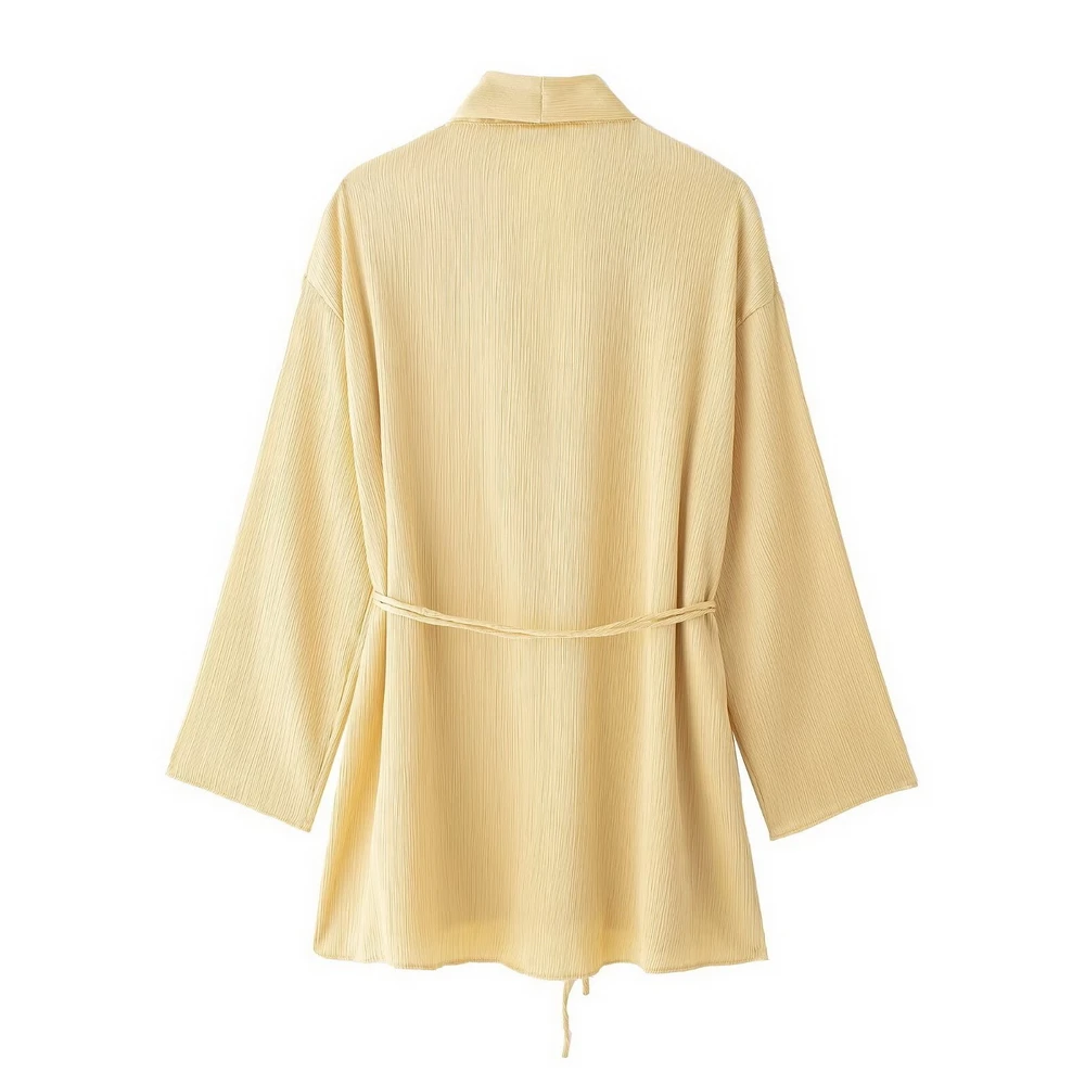 แฟชั่น 2 ชิ้นชุดผู้หญิงฤดูใบไม้ผลิฤดูร้อนสไตล์กิโมโนหลวม Lace Up เสื้อผู้หญิงกางเกงขากว้างชุด