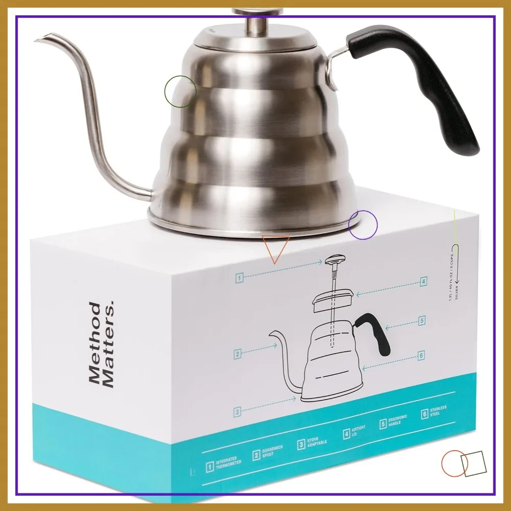 

Gooseneck Kettle with Thermometer for Pour Over Coffee & Tea, Precision Spout, Stainless Steel, 1.2L Stovetop Compatible