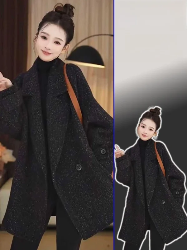 

Ele plus Size Double Breasted Woolen Coat Bla Loose Fitting Slimming Spring Autumn New Sle Women's Faion Outerwear