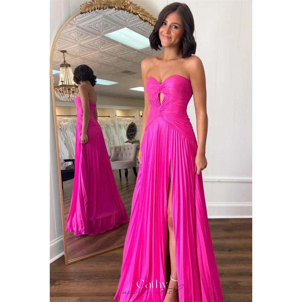 

Cathy Hot Pink Chiffon Prom Dresses Strapless A-line vestidos de noche Elegant Sleeveless Side Split Side Formal Evening 2024