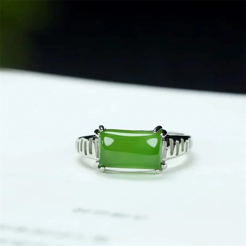 Hot Selling Natural Hand-carved 925 Silver Gufajin Inlaid Jade Square Ring Fashion Jewelry Men Women Luck Gifts