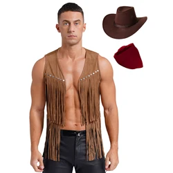 Men Halloween Them Party Western Cowboy Cosplay Costume Set Faux Suede Tassel Rivets Steampunk Vest Waistcoat with Hat Bandanna