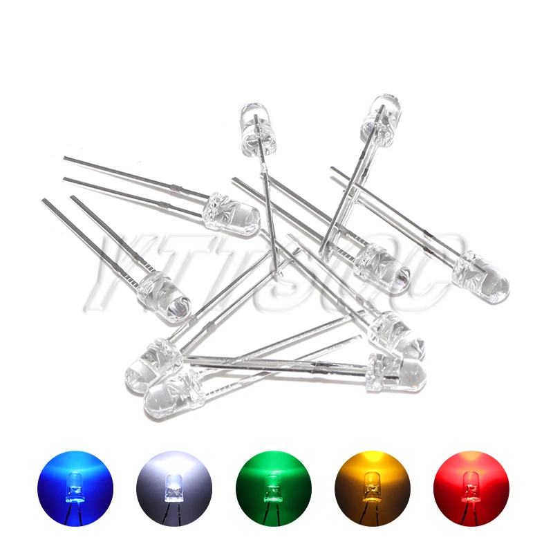 100pcs 3mm LED Diode Ultra Bright Warm White Red Green Blue Purple Yellow Orange Pink 2V 3V Multicolor Emitting Assortment