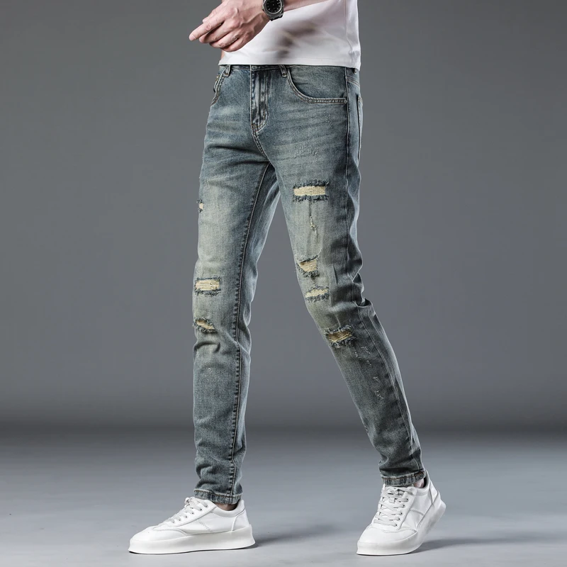 High quality jeans for men 2024  retro slim fit small foot elastic casual versatile long pants for men denim ripped jeans