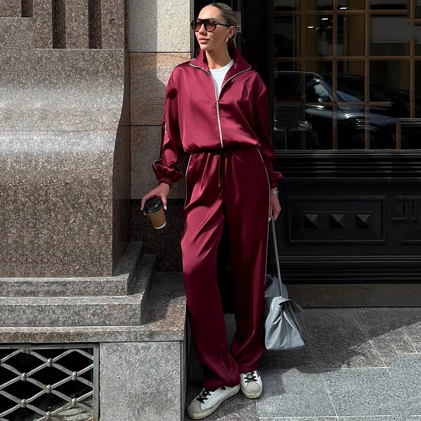 Linad Elegant Wine Red Satin Long Pants Suits 2026 Street Chic Zipper Jacket With Loose Drawstring Trousers 2 Piece Sets Women