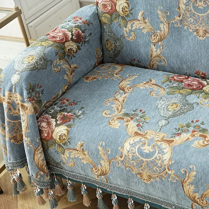 Fodera per divano con nappa di lusso europea Fodera per divano 1/2/3/4 posti Jacquard Fiore Singolo Mobili Reclinabile Chaise Divano Asciugamano