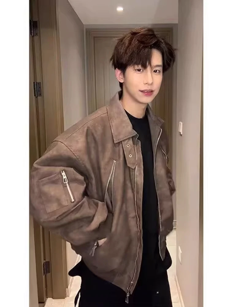 

Browan Leather Jaet Men's Motorcycle Sle Zipper Flight Suit PU Leather Jaet American High Street Autumn Winter Coat