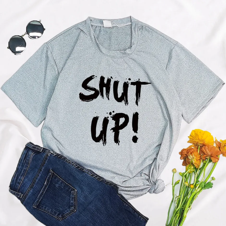 Funny Shut Up Women T Shirt 2022 Summer Round Neck Y2K Funny Polyester Cartoon T-shirt Graphic Streetwear