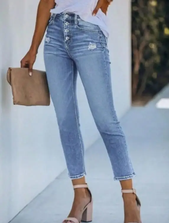 

Women's button multi pocket decorative tight fitting cropped pants for spring and summer 2026 new fashionable casual denim pants