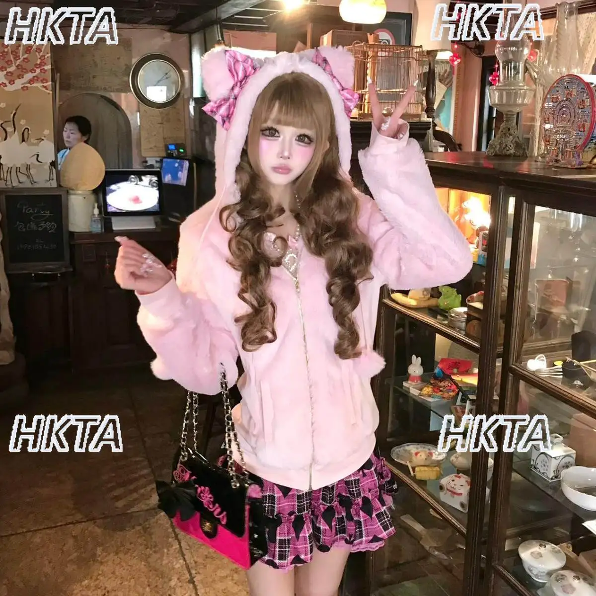 Japanese Cute Bow Slim Plaid Lolita Plush Jacket 2026 Autumn New Sweet Drawstring Contrasting Color Hooded Coat Black Top Women