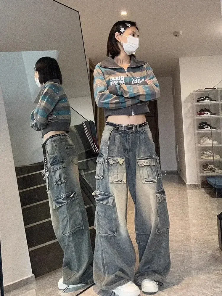 HOUZHOU Y2k Low Waist Cargo Jeans Women Vintage High Street Baggy Denim Pants with Pockets Female Wide Grunge Baddie Streetwaer