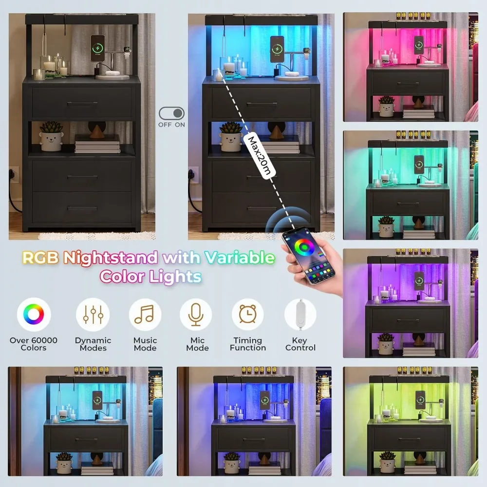 LED Nightstand with Charging Station, 3 Drawers Bedside Table with LED Lights, Black Storage Shelves Night Stand