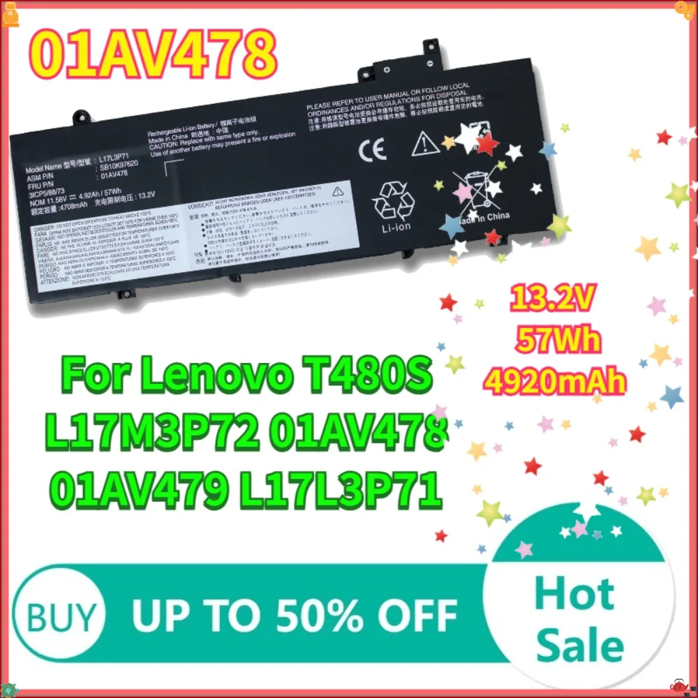 

13.2V 4920mAh 57Wh 01AV478 Laptop Battery For Lenovo T480S L17M3P72 01AV478 01AV479 L17L3P71 laptop batteries