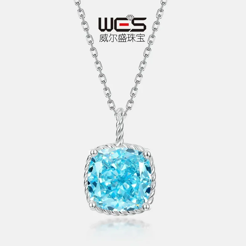 Light Sea Blue Moissanite Necklace Women's Pendant 18K Gold PT950 Platinum Ice Flower Cut Colorful Treasure Clavicle Chain