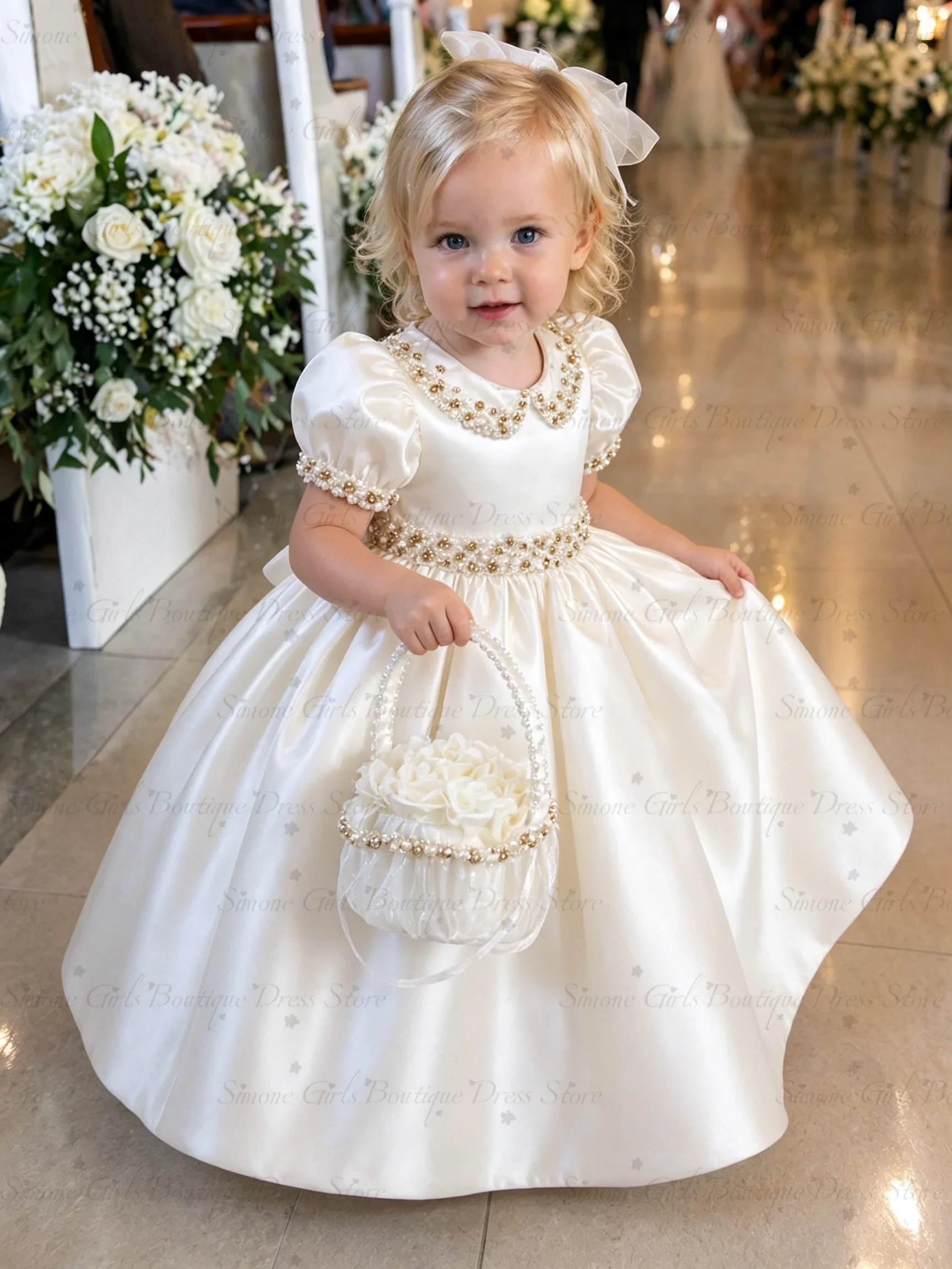 Princess White Satin Flower Girl Dress For Wedding Puffy Beading Kids Birthday Party First Communion Ball Gowns Customized