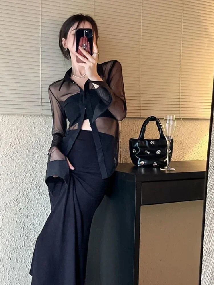 Temperament Damen Tops Blusen für Frauen Langarm Dünnes Hemd Perspektive Schwarz Blusas De Mujer Sexy Mode Shirts