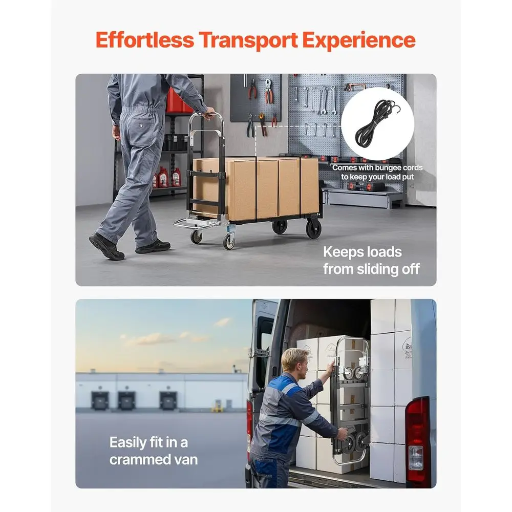 รถเข็นพับได้ 4 ล้อ แบบแปลงสภาพได้ รับน้ำหนักได้ 500 ปอนด์ รถเข็นแบบพกพาสำหรับใช้ในบ้าน สำนักงาน และคลังสินค้า