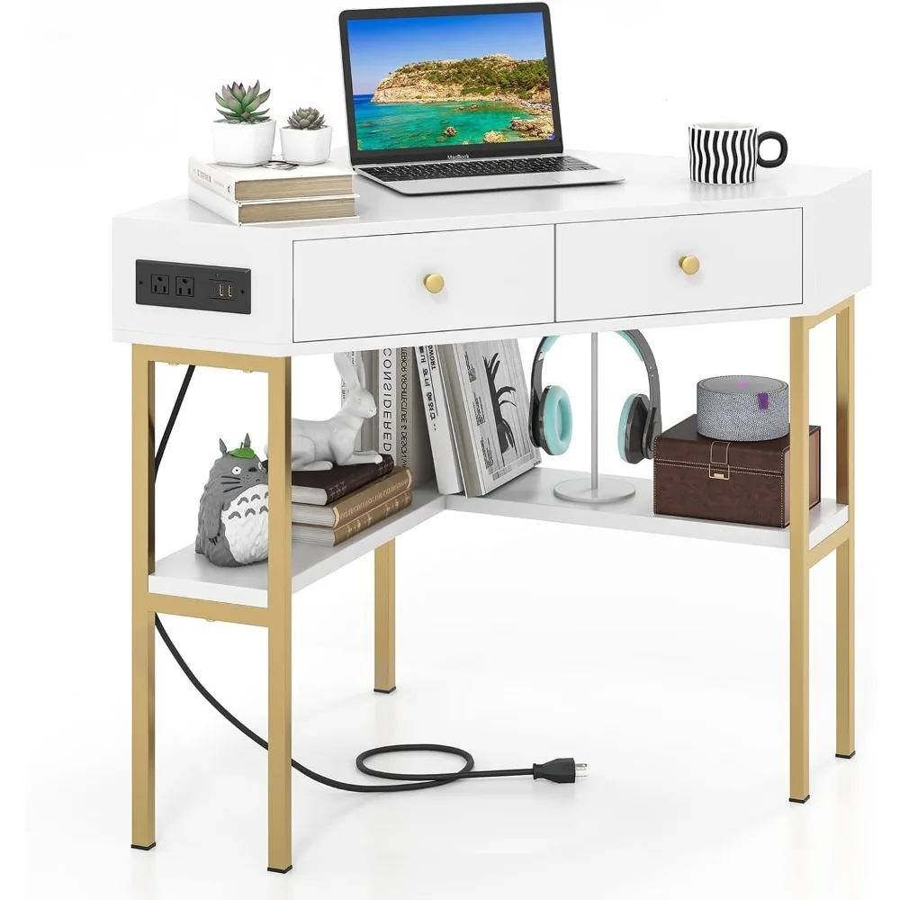 White corner desk with built-in charging station, computer desk, bedroom dresser, storage shelf, corner desk writing desk