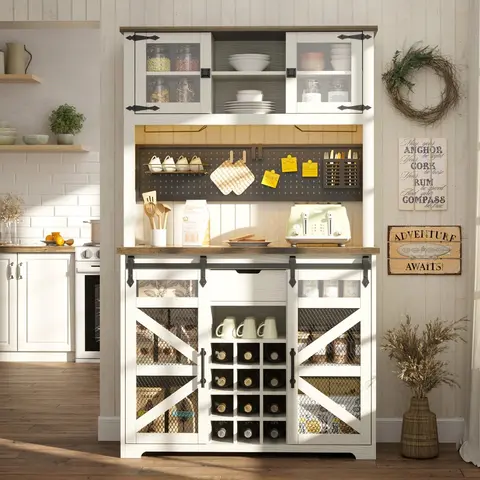 70" Tall Vintage Bar Cabinet with Hutch, Sliding Barn Door, LED Lights, Wine Rack, Outlets, and Pegboard