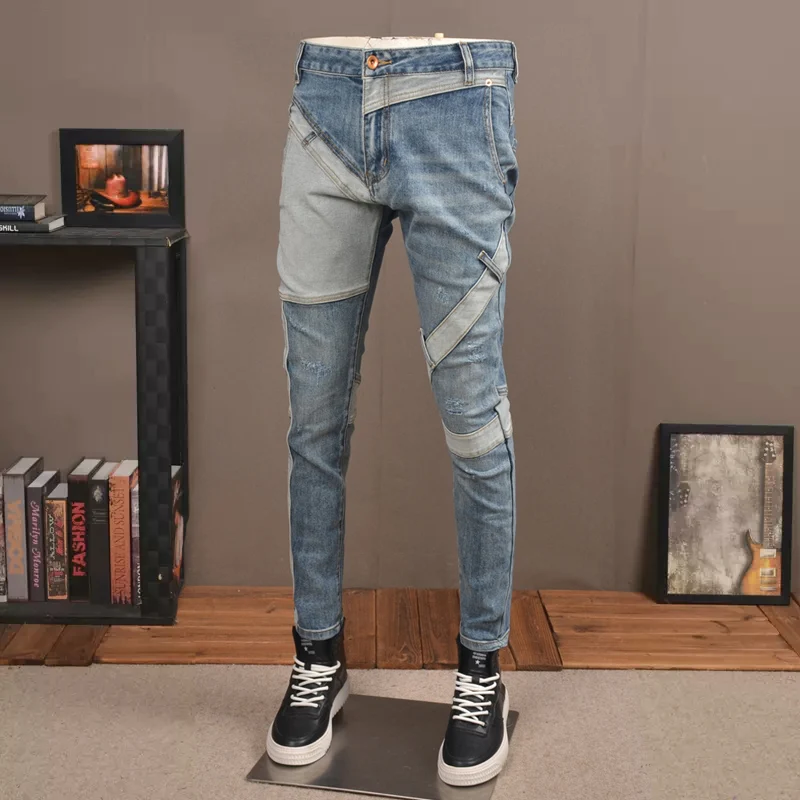 fashion men's patchworky2k jeans retro light blue designer slim fit slit jeans men's patchwork elastic hip-hop pants Hombre
