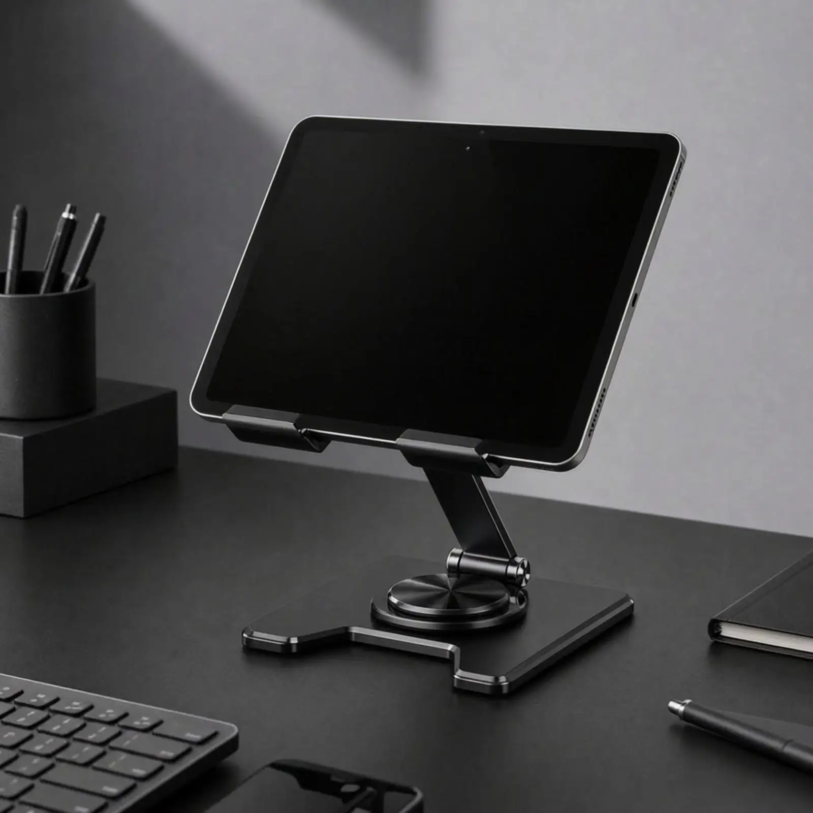 Metal Desktop Stand with Rotating Base Anti-Slip Folding Device Cradle Stand Space-Saving Holder for Home Office, Video Calls,