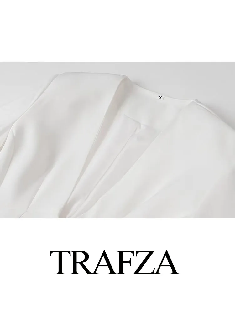 TRAFZA 2024 Women V-Neck Single Breasted Long Sleeves Blazer Coat+High Waist Side Pockets Design Wide Leg Pant 2 Piece Set