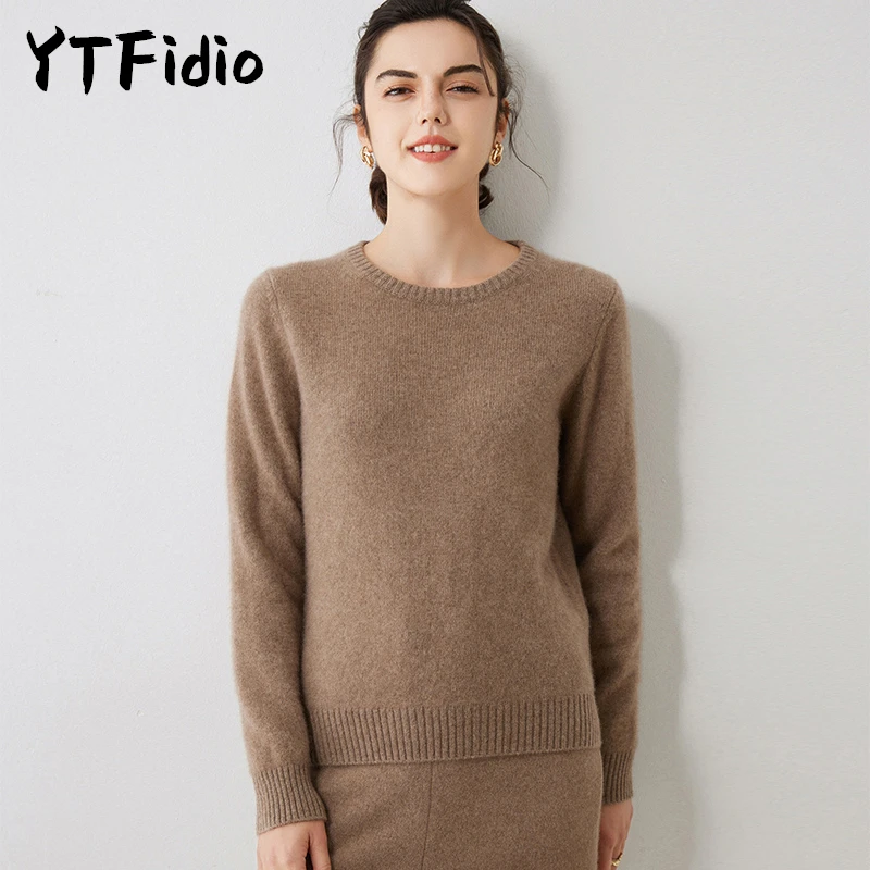 YTFidio 100% Cashmere Women O-neck Causal Sweaters Solid Knit Tops Pullovers Jumpers Soft Warm Streetwear Girl 32