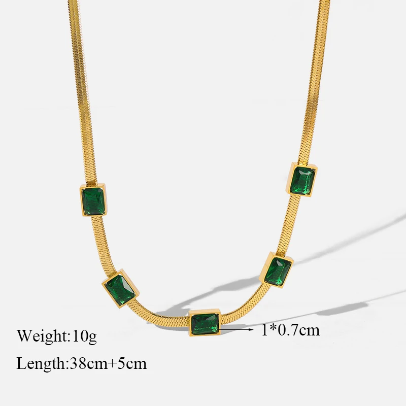 GANEMLY 316L Stainless Steel Square Green Stone Chain Necklace For Women Fashion Neck Chain Waterproof Jewelry Gift Collar