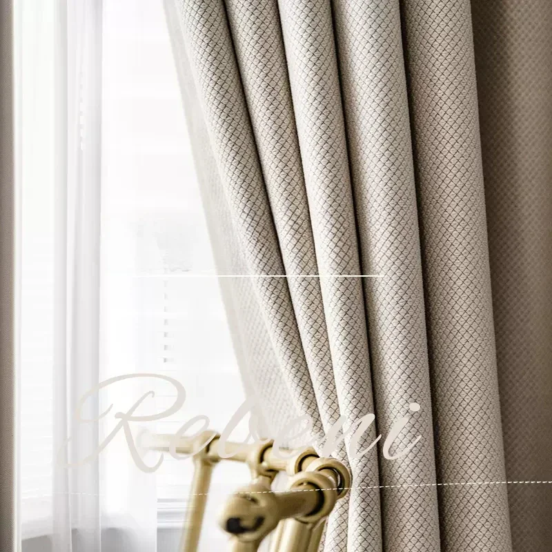 Solid Color Thickened Blackout Curtains for Living Room Luxury Bedroom Simple Grid Texture Hotel Window Stitching Elegant Custom