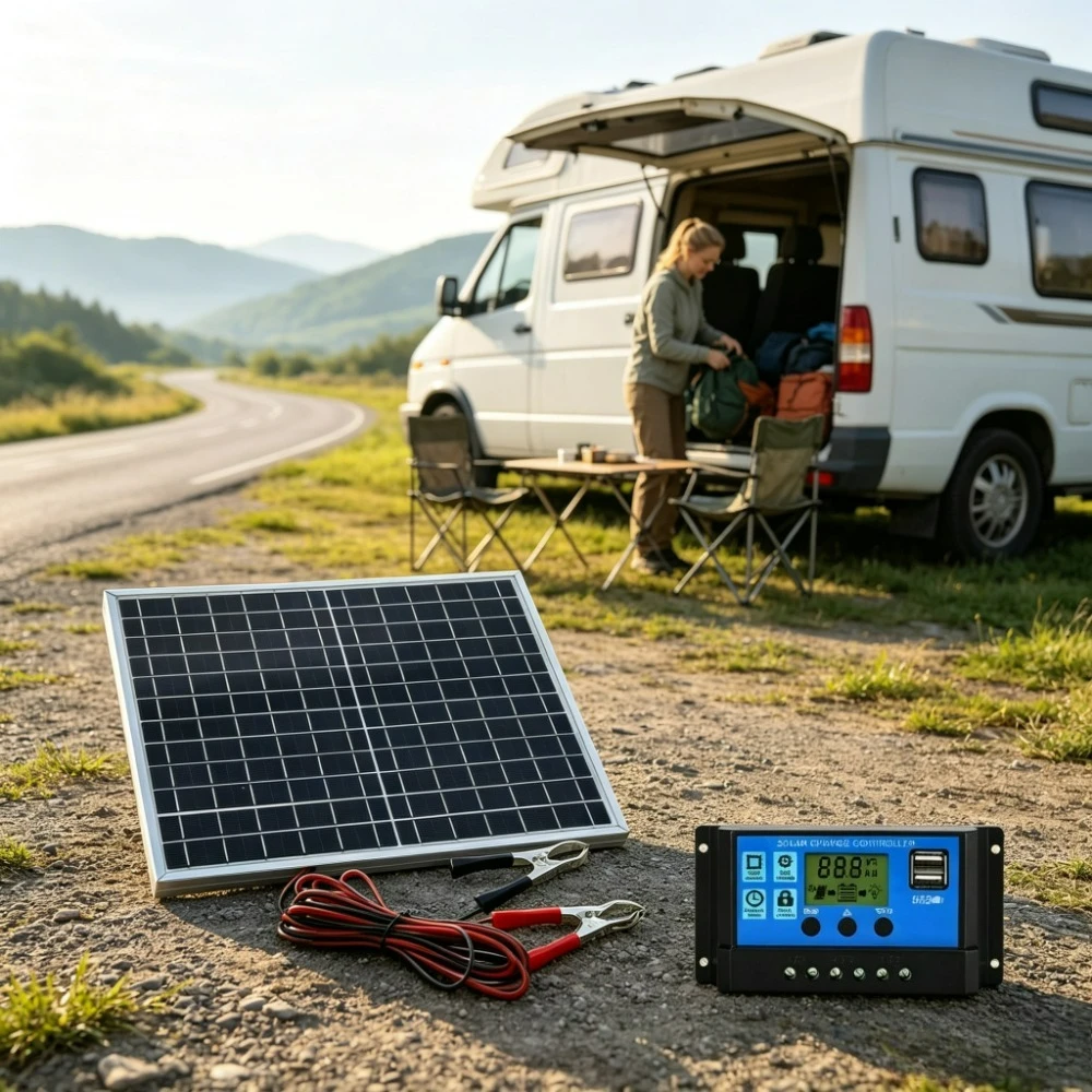 Monocrystalline Portable Solar Panel Kit 12W Aluminum Frame Pack with 12V Solar Controller for Outdoor Travel RV Camper Boat