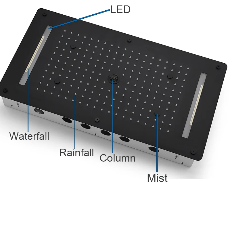 Imagem -04 - Sistema de Chuveiro Termostático Recesso Coluna Grande Precipitação Cachoeira Conjunto de Torneira Névoa Matt Black Tela Touch Led 700x380 mm