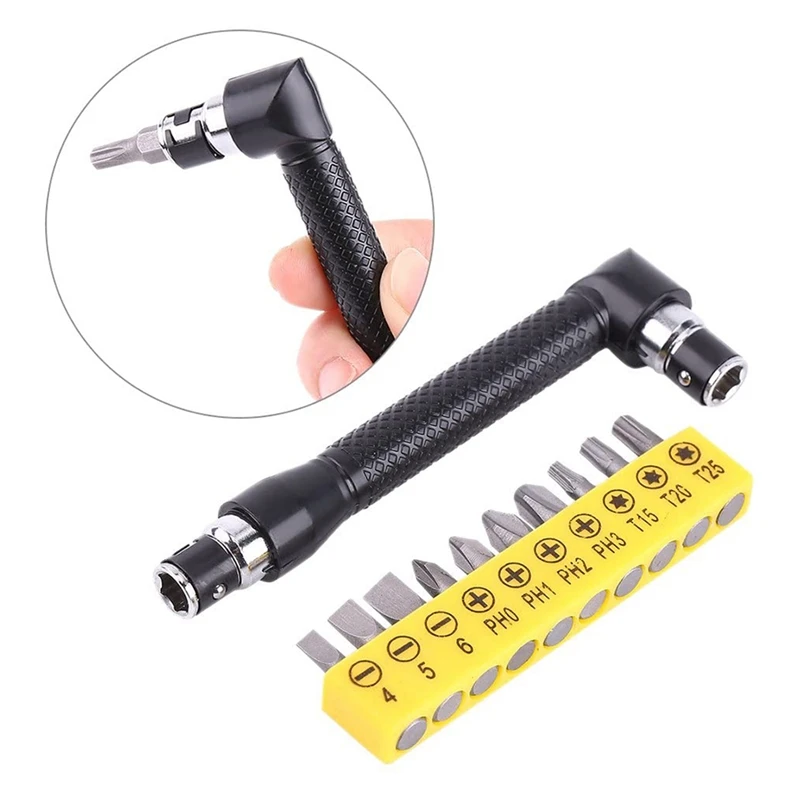 Hex Socket Wrench 1/4Inch L Shaped Socket Wrench Set With 10Pcs Various Angled Screwdriver Bits Hand Tool Kit